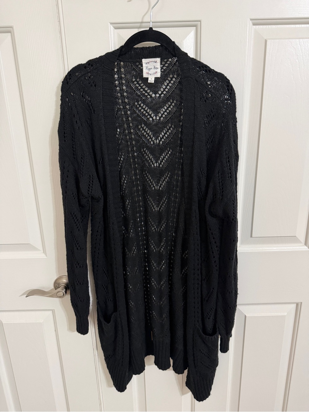 Hippie Rose Black Open Knit Chevron Long Cardigan Pockets Cotton Blend L